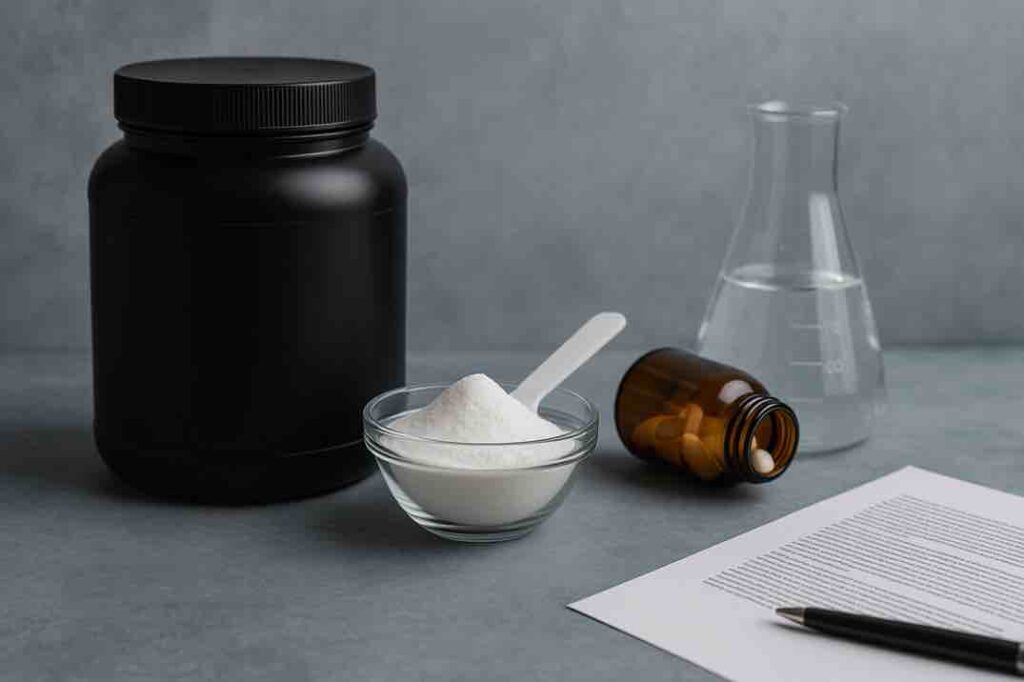 Kuvassa on musta lisäravinnepurkki, lasikulho valkoisella kreatiinijauheella sekä muovinen mittalusikka jauheen päällä. Vieressä makaa ruskea lääkepurkki, josta näkyy muutama kapseli. Taustalla on lasinen mittapullo, jossa on kirkasta nestettä, sekä pöydällä asiakirja ja kynä. Rauhallinen harmaa tausta korostaa tuotteita.