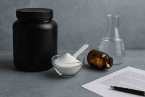 Kuvassa on musta lisäravinnepurkki, lasikulho valkoisella kreatiinijauheella sekä muovinen mittalusikka jauheen päällä. Vieressä makaa ruskea lääkepurkki, josta näkyy muutama kapseli. Taustalla on lasinen mittapullo, jossa on kirkasta nestettä, sekä pöydällä asiakirja ja kynä. Rauhallinen harmaa tausta korostaa tuotteita.