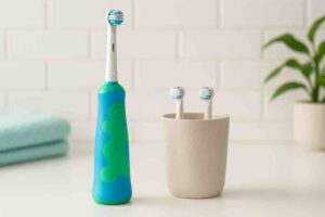 Kirkkaan sinivihreä sähköhammasharja seisoo pystyasennossa vaalealla kylpyhuonetason pinnalla. Sen vieressä on hiekanvärinen muki, jossa kaksi valkoista, sinisin harjaksin varustettua vaihtopäätä on pystyssä. Taustalla näkyy valkoisia kaakelilaattoja, vihreä kasvi sekä viikattu turkoosi pyyhe. Valaistus on pehmeä ja tasainen, korostaen siistiä ja rauhallista kylpyhuoneympäristöä.