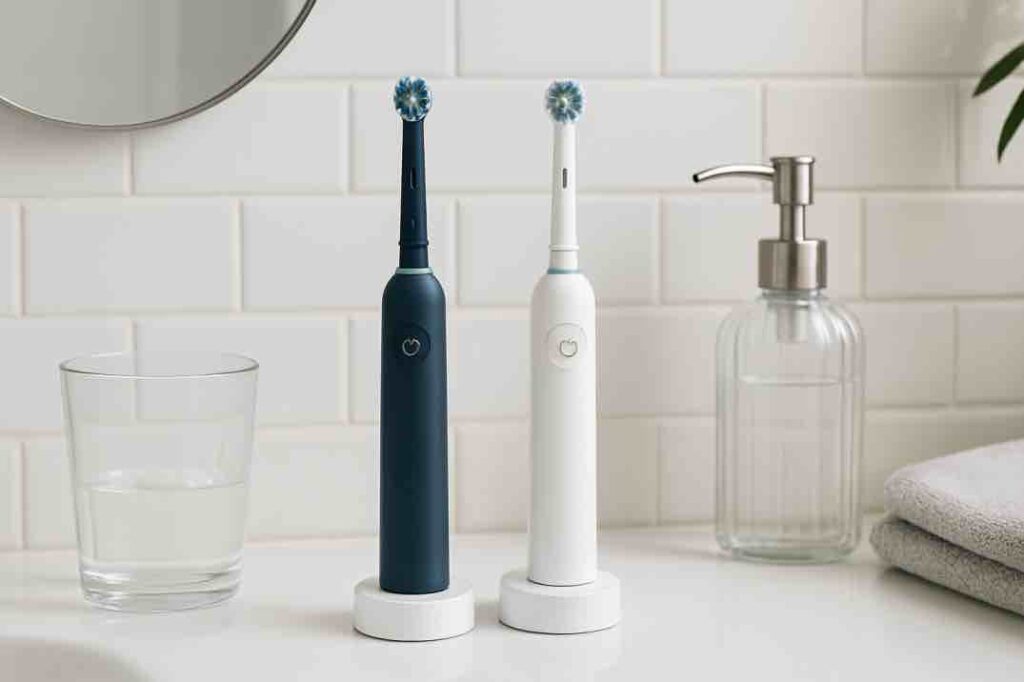 Kuvassa on kaksi sähköhammasharjaa, tummansininen ja valkoinen, jotka seisovat pystyasennossa omilla latausalustoillaan valkoisella kylpyhuoneen tasolla. Taustalla näkyy valkoisia laattoja, pyöreä peilin reuna sekä läpinäkyvä saippuapumppu. Vasemmalla on juomalasi ja oikealla taiteltuja harmaita pyyhkeitä. Valaistus on pehmeä ja tekee asetelmasta siistin ja minimalistisen.